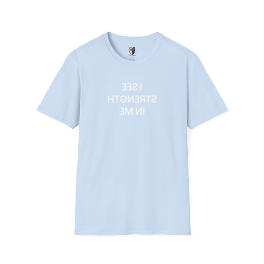 Reversed text motivational self-belief shirt.