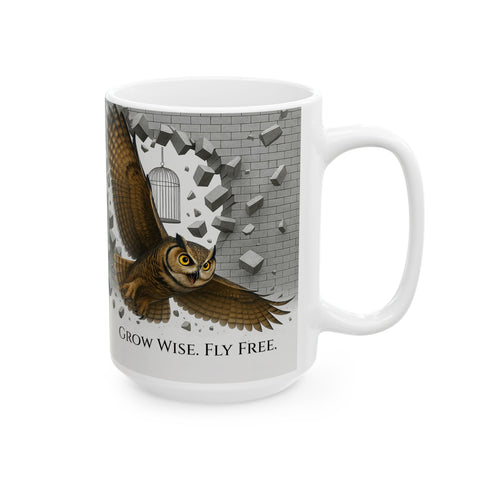 Grow Wise Fly Free Owl Mug | Inspirational Healing Coffee Cup | Wisdom & Self Growth Gift | Spiritual Self Care Mug | Mindfulness Mug