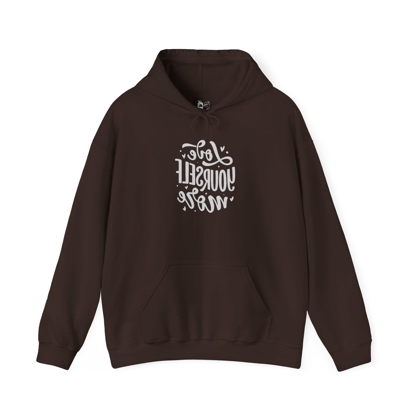 Reversed text self-love hoodie.