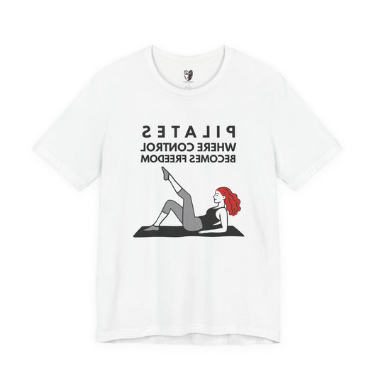 Reversed text Pilates affirmation tee.