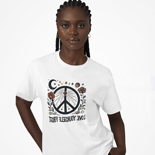 Love Yourself First mirror affirmation t-shirt front view.