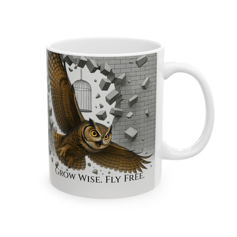 Grow Wise Fly Free Owl Mug | Inspirational Healing Coffee Cup | Wisdom & Self Growth Gift | Spiritual Self Care Mug | Mindfulness Mug