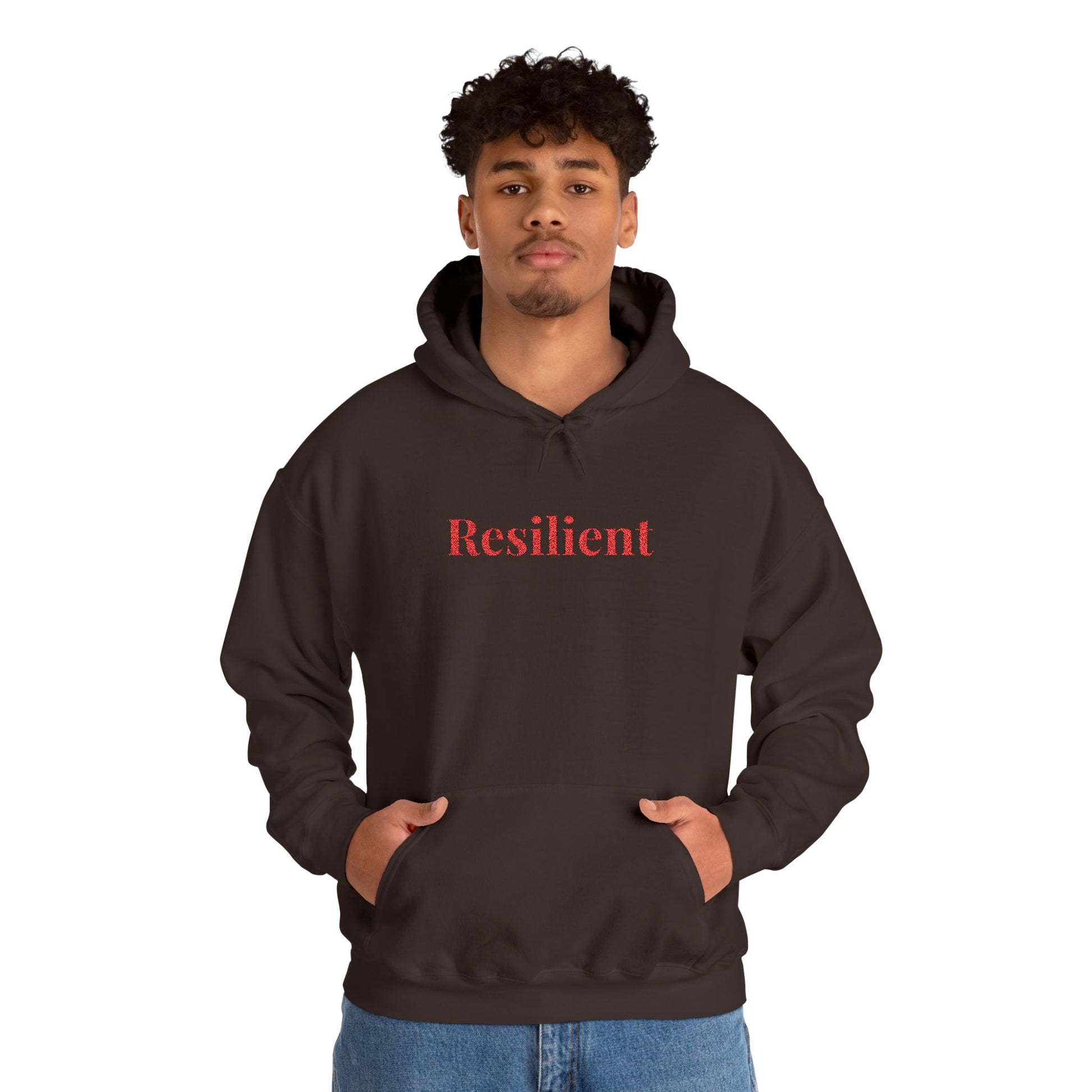 Reversed text resilient hoodie close-up